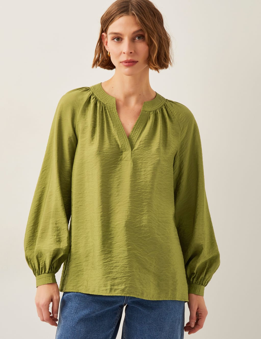 Cotton Rich V-Neck Blouson Sleeve Blouse