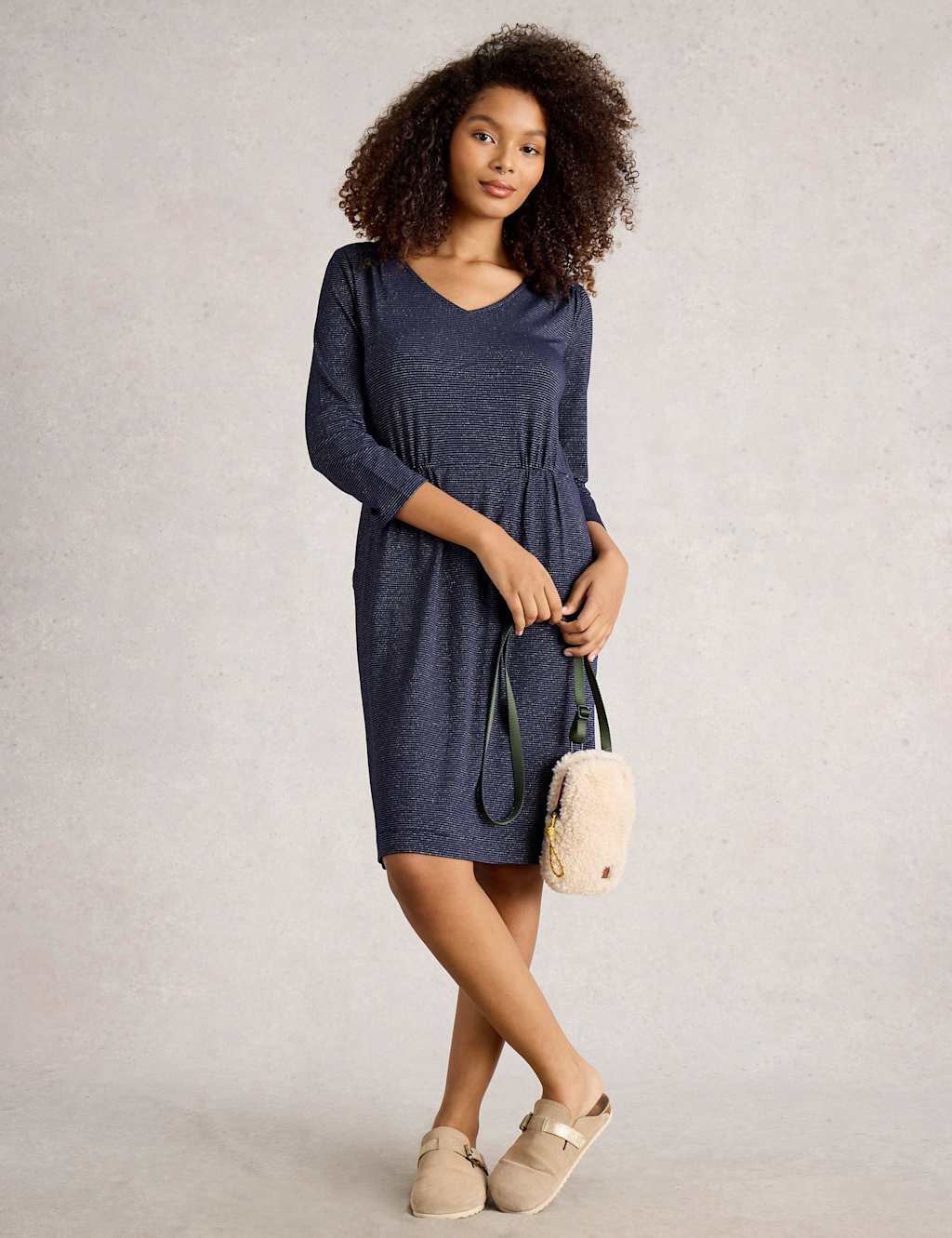 White Stuff Jersey Sparkly Striped Waisted Dress Navy Mix