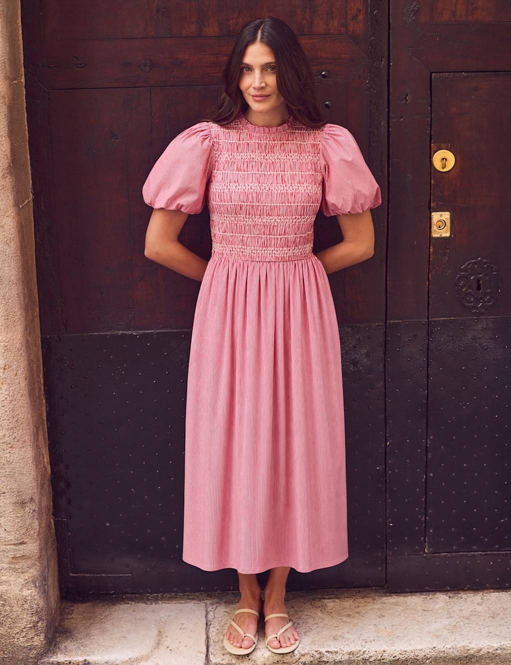 Ro&Zo Women's Striped Puff Sleeve Midi Shirred Dress - 16 - Red Mix - Available at M&S