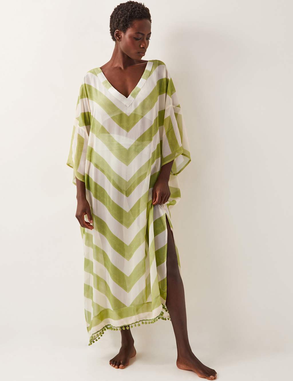 Striped V-Neck Tie Detail Maxi Kaftan