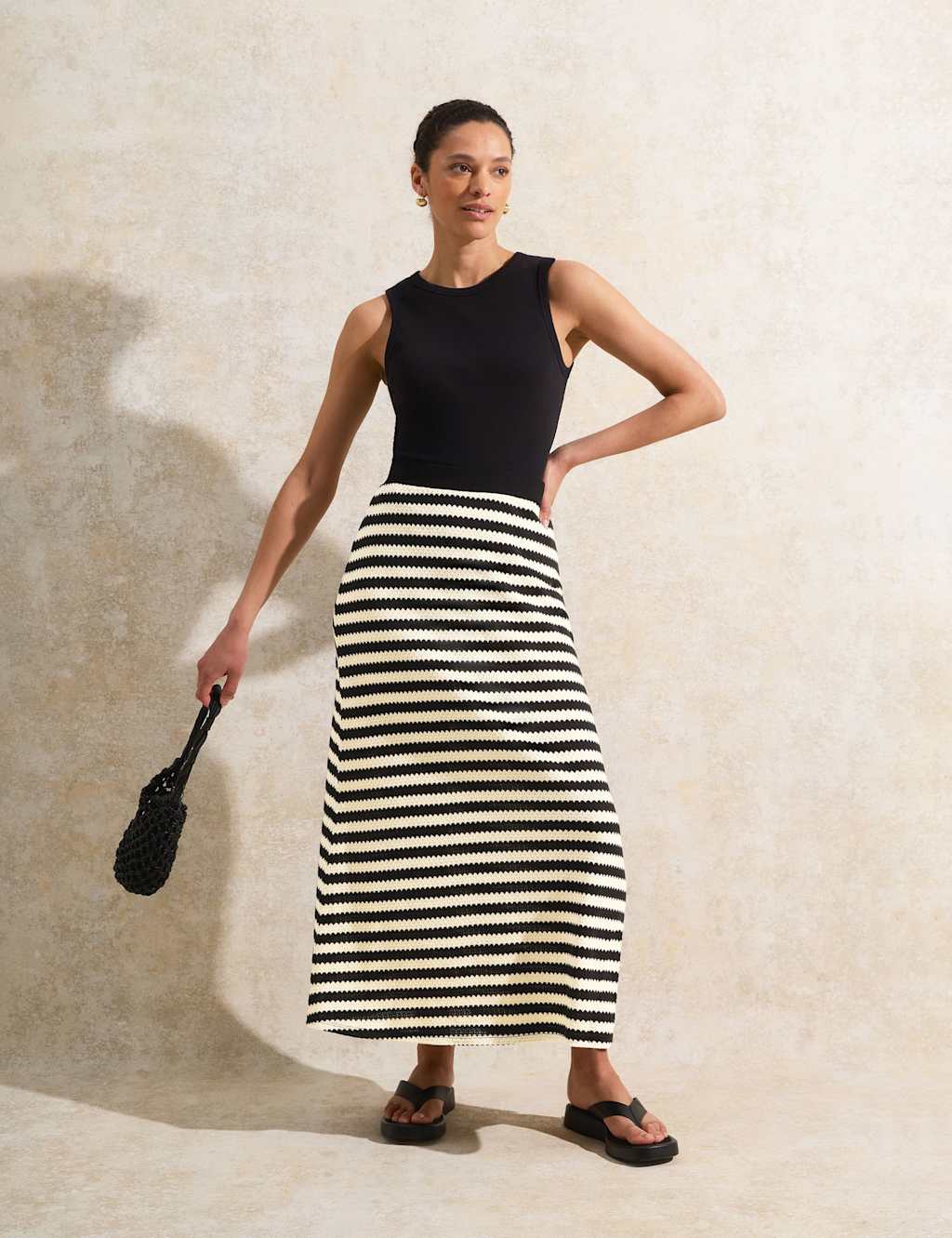 Cotton Blend Striped Midi A-Line Skirt