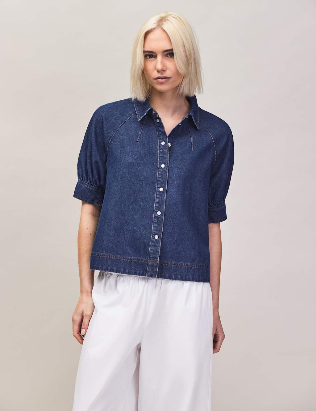 Ro&Zo Women's Denim Puff Sleeve Shirt - 6 - Blue Denim - Available at M&S