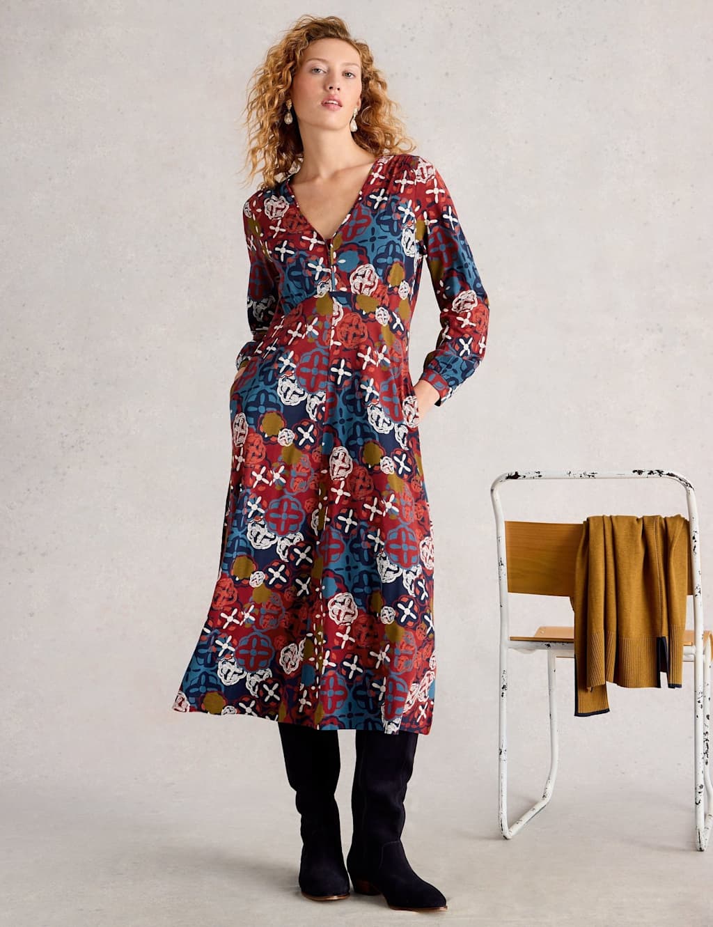 White Stuff Cotton Blend Printed V-Neck Midi Tea Dress Yellow Mix