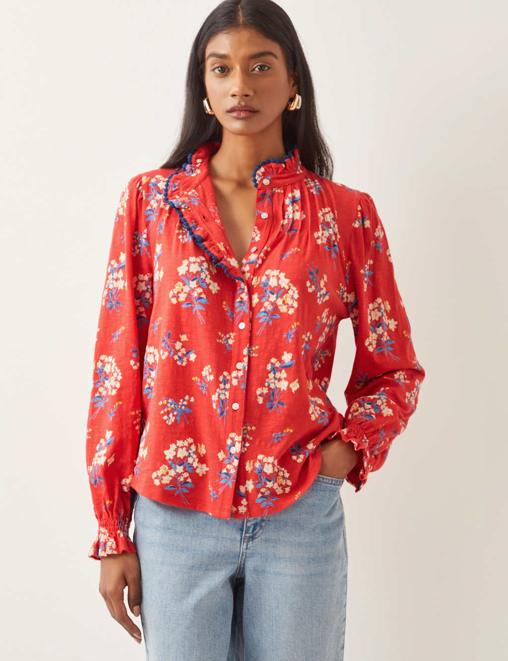 Pure Cotton Floral Frill Detail Shirt