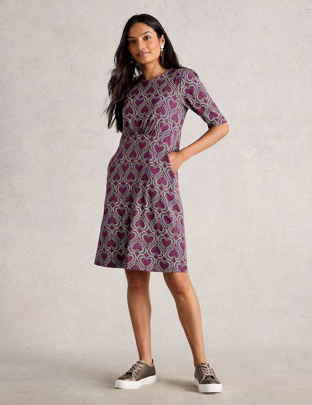 White Stuff Jersey Heart Print Knee-Length Dress Purple Mix