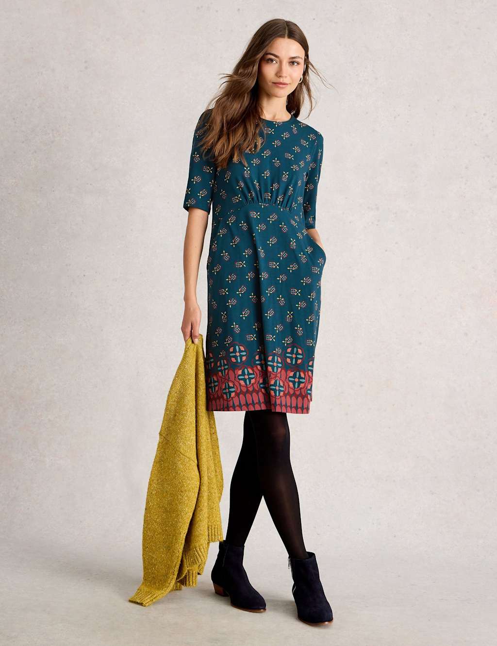 White Stuff Jersey Heart Print Knee-Length Dress Teal Mix