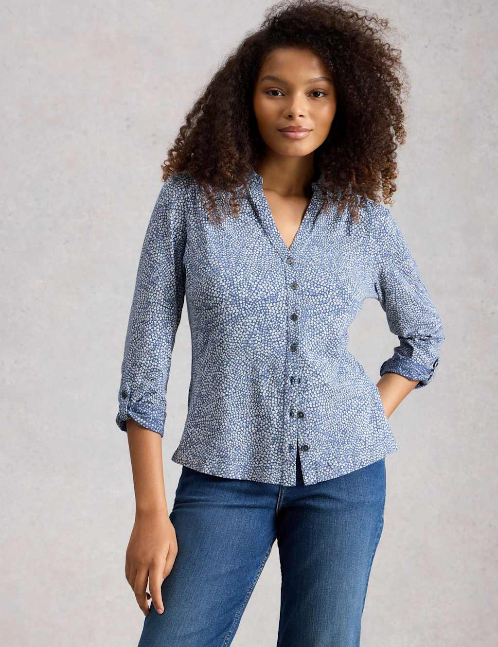 White Stuff Women's Pure Cotton Printed Collared Shirt - 8 - Blue - Available at M&S