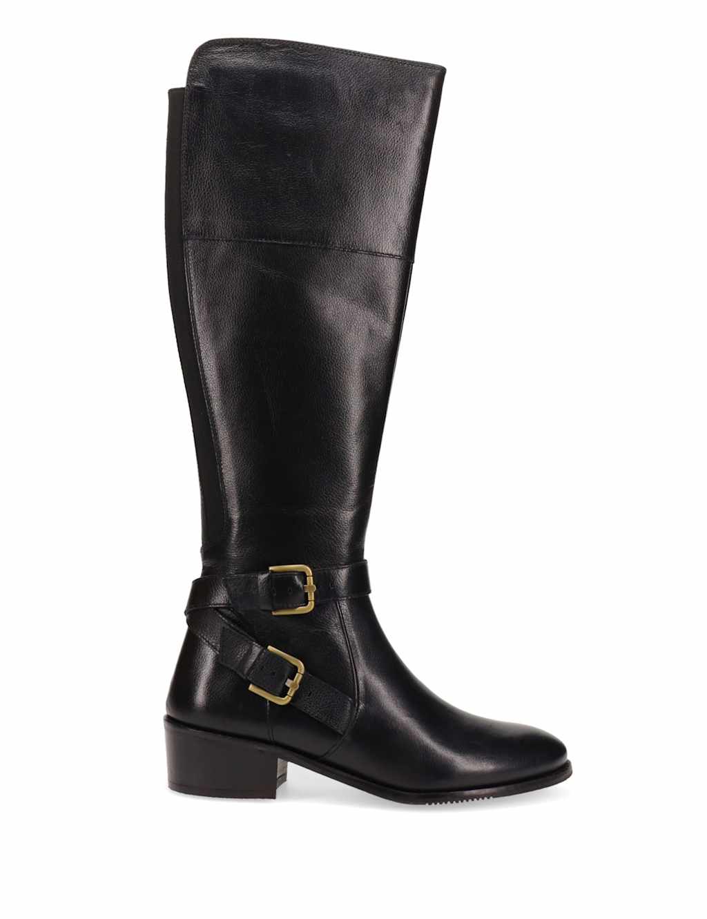 Jones Bootmaker Leather Buckle Block Heel Knee High Boots Black