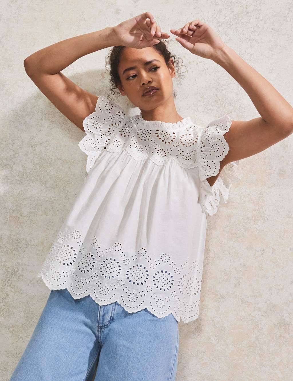 Pure Cotton Broderie Frill Detail Top
