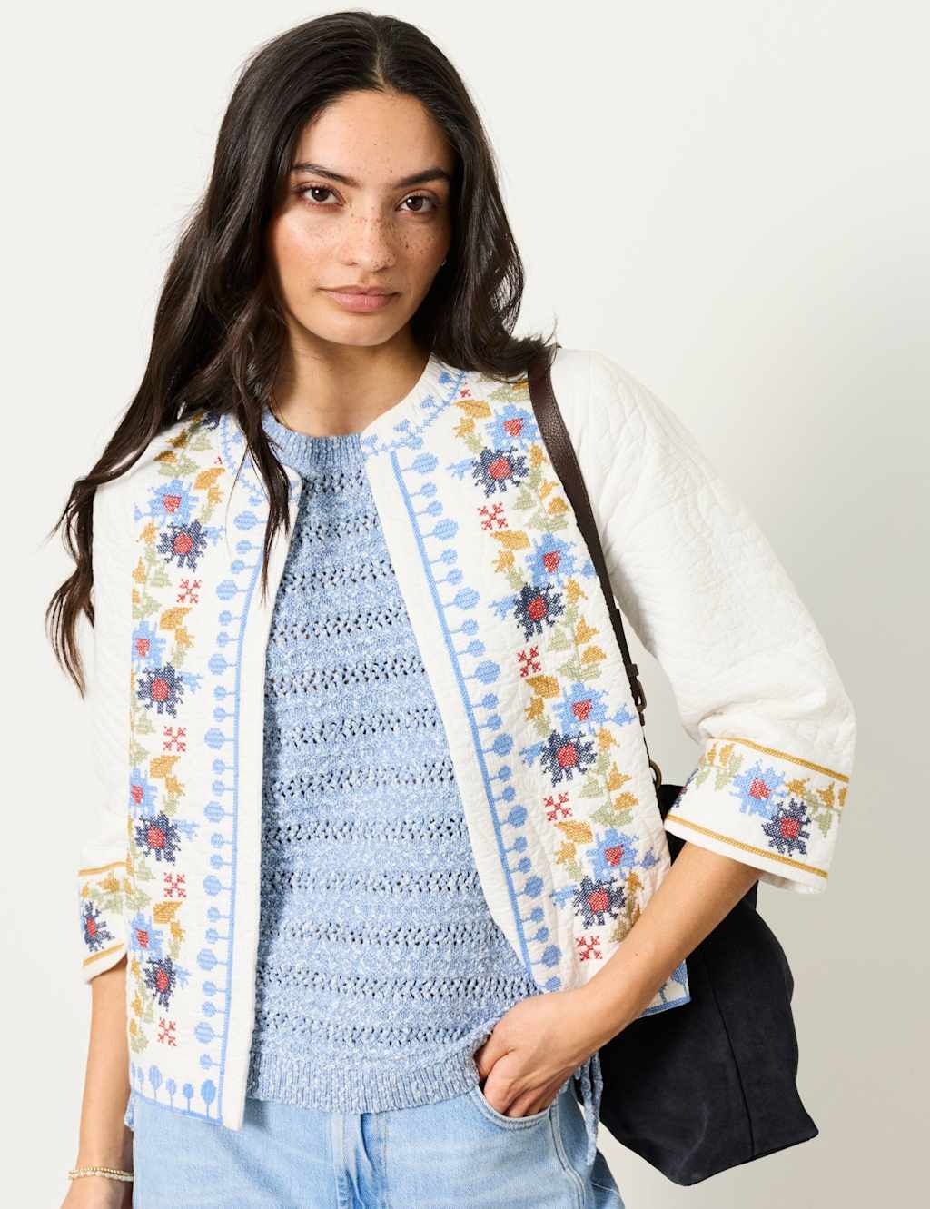 Fatface Women's Pure Cotton Embroidered 3/4 Sleeve Jacket - 16 - White Mix - Available at M&S
