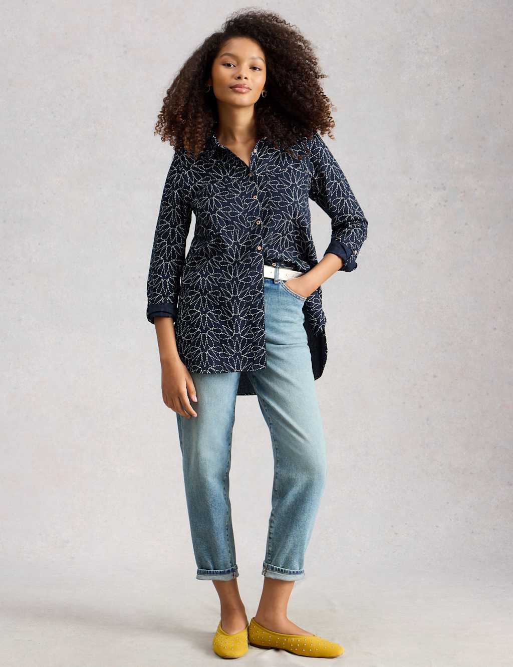 White Stuff Women's Pure Cotton Printed Longline Shirt - 8 - Navy Mix - Available at M&S