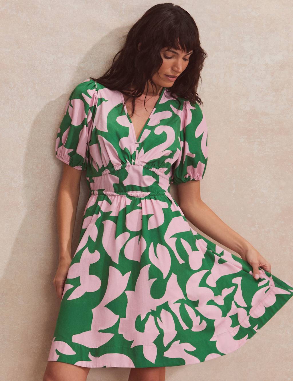 Pure Cotton Puff Sleeve Mini Waisted Dress