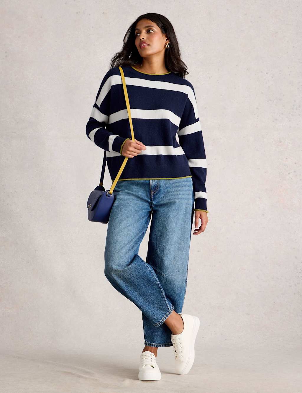 White Stuff Women's Cashmere Striped Crew Neck Jumper - 12 - Navy Mix, Navy Mix
