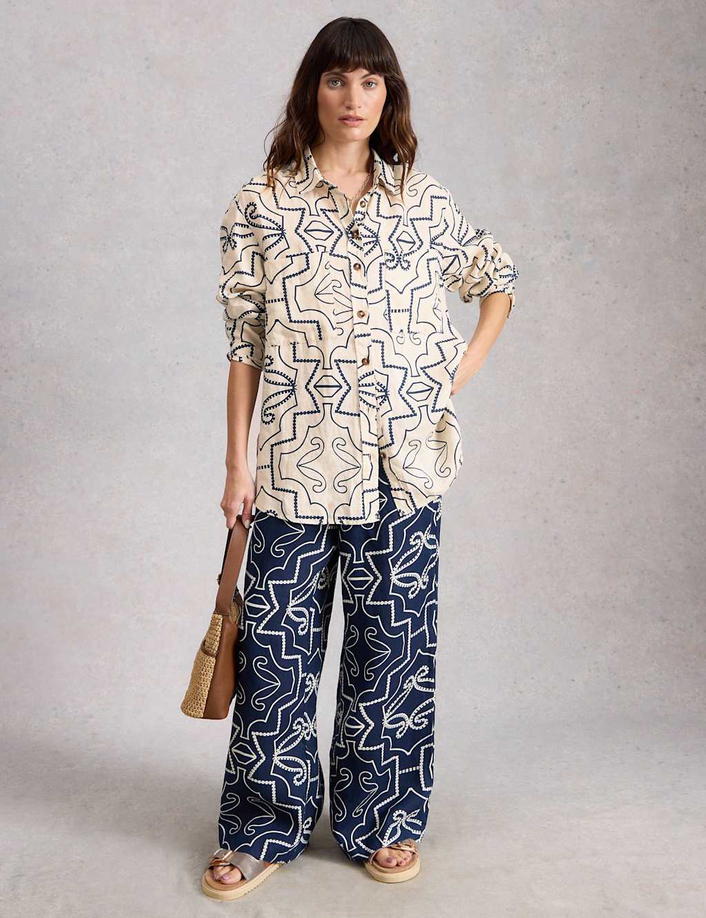 White Stuff Women's Pure Linen Printed Button Through Shirt - 12 - White Mix - Available at M&S