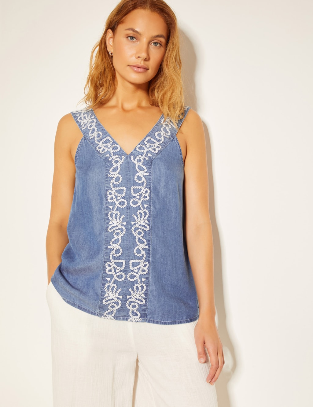 Pure Lyocell Embroidered V-Neck Cami Top