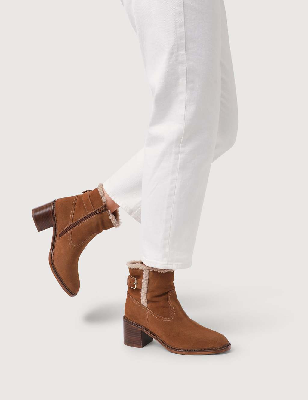 Jones Bootmaker Leather Buckle Block Heel Ankle Boots Tan