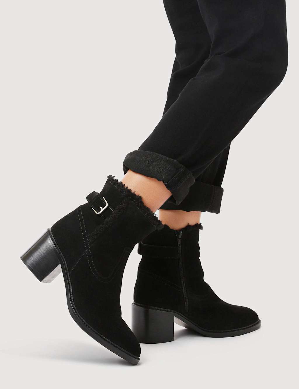 Jones Bootmaker Leather Buckle Block Heel Ankle Boots Black