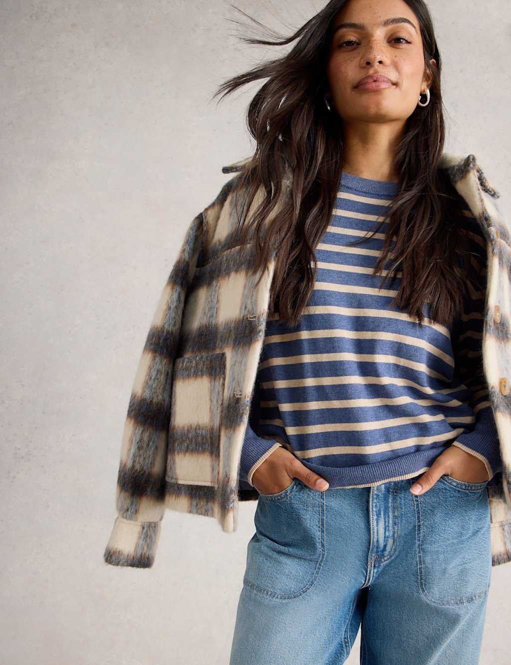 White Stuff Merino Wool Blend Striped Crew Neck Jumper Navy Mix