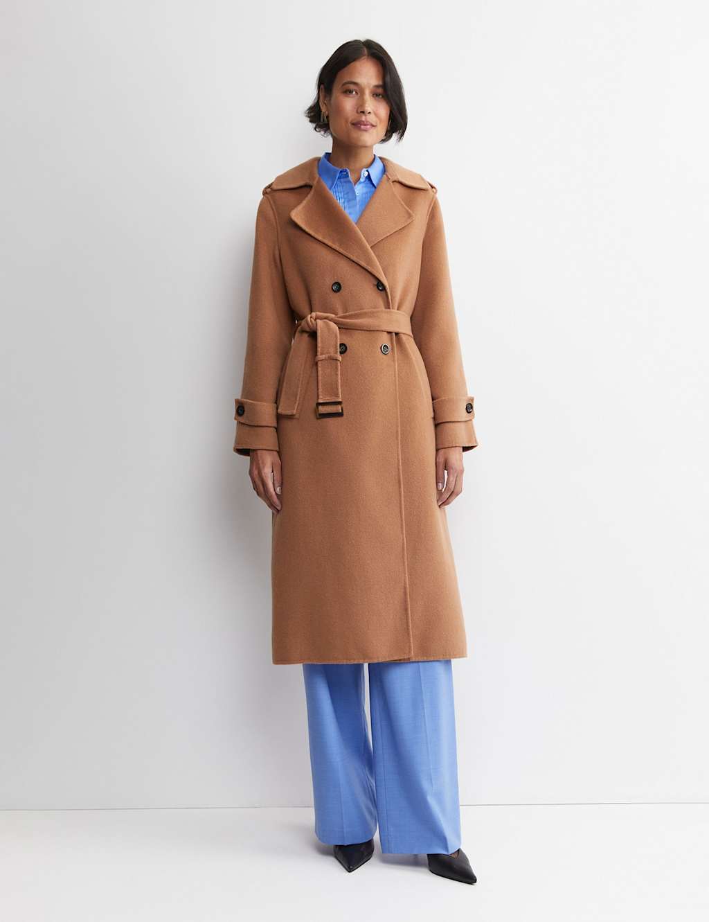 Sportscraft Wool Rich Double Breasted Longline Trench Coat Camel