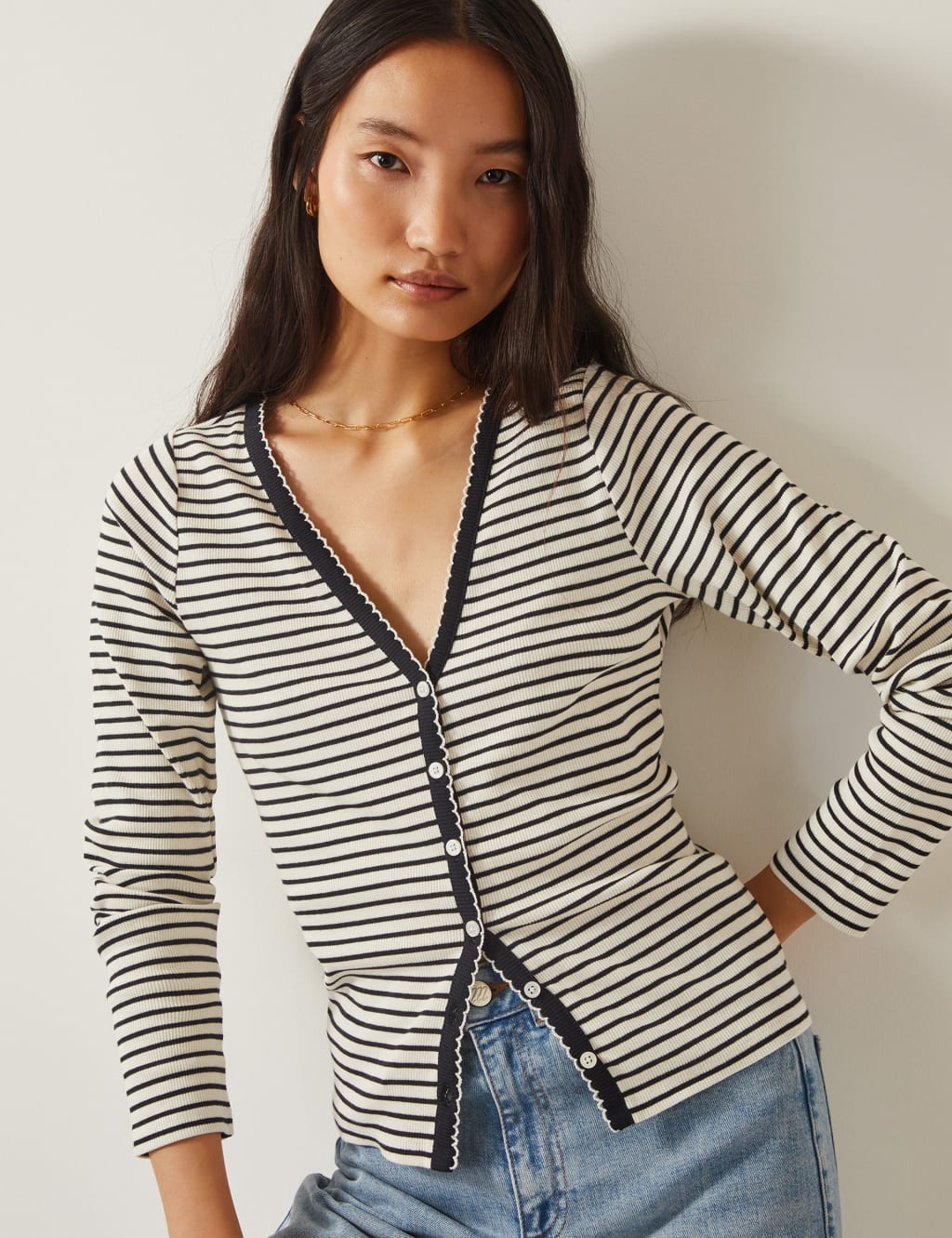 Cotton Rich Striped Button Through Top