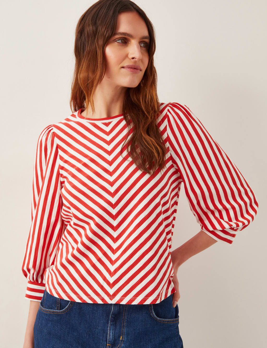 Pure Cotton Jersey Striped Puff Sleeve Top
