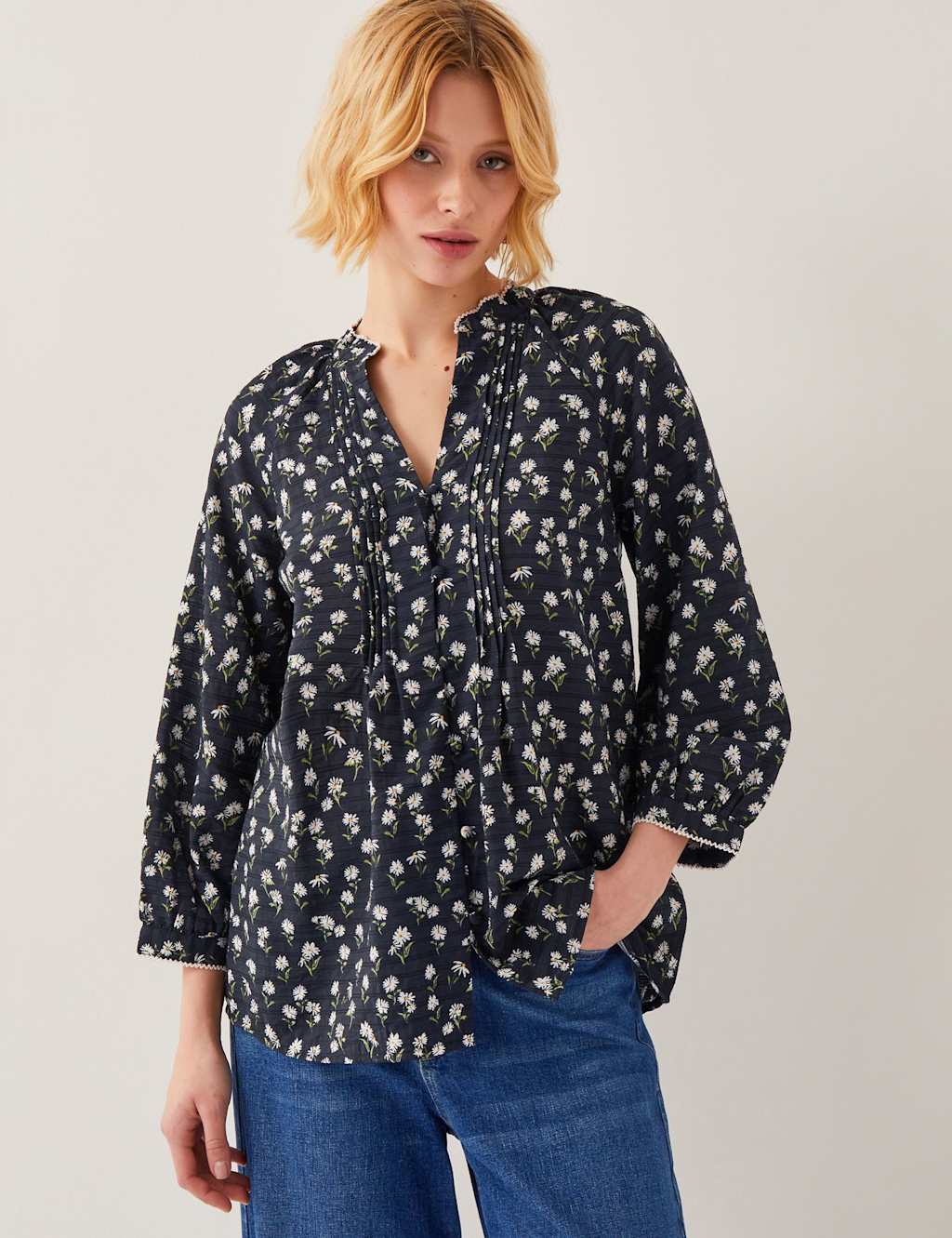 Floral V-Neck Pintuck Button Through Top