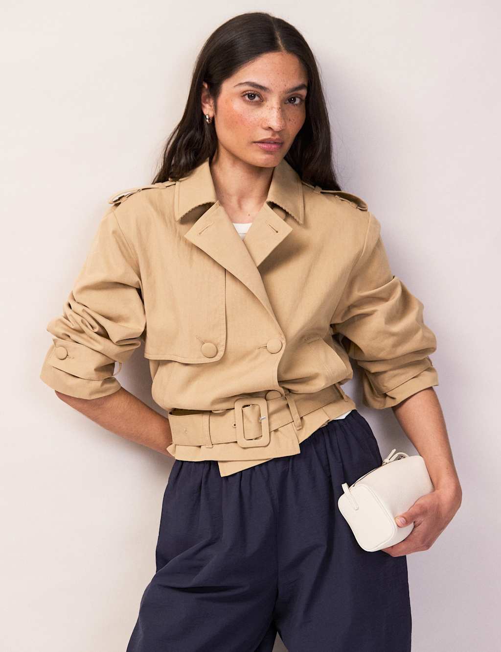 Ro&Zo Women's Cotton Rich Belted Cropped Trench Coat - Medium - Camel - Available at M&S