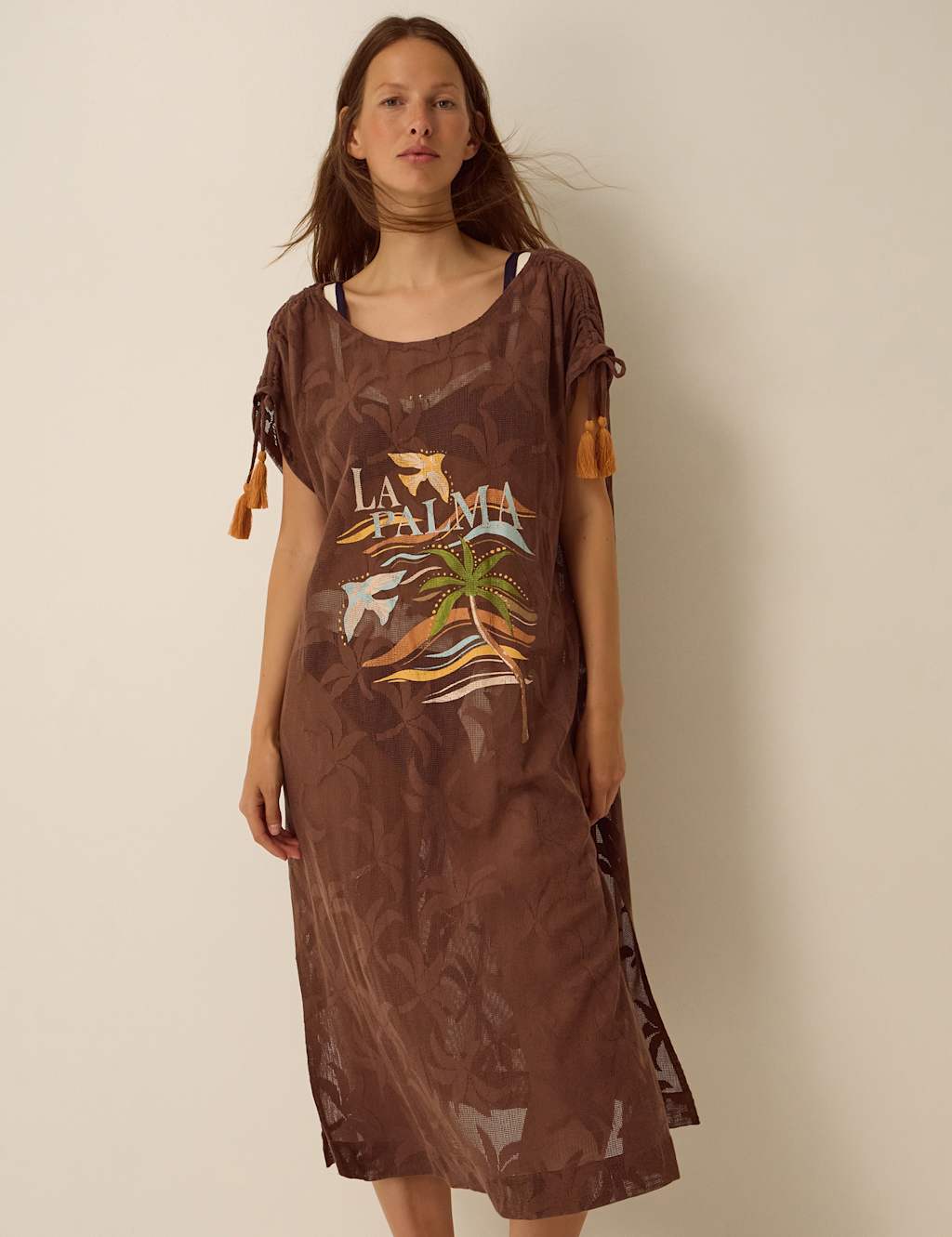 Monsoon Women's Cotton Rich Jacquard Kaftan - Small-Medium - Brown Mix - Available at M&S