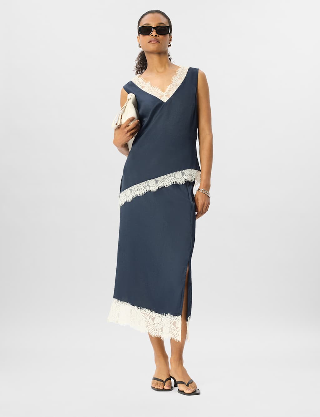 Whistles Women's Satin V-Neck Lace Detail Cami Top - 12 - Navy Mix - Available at M&S