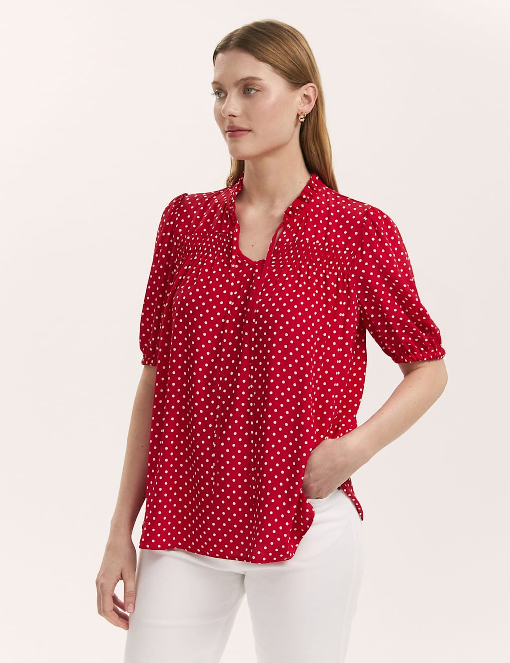Finery London Women's Polka Dot Puff Sleeve Tie Neck Blouse - 14 - Red Mix - Available at M&S