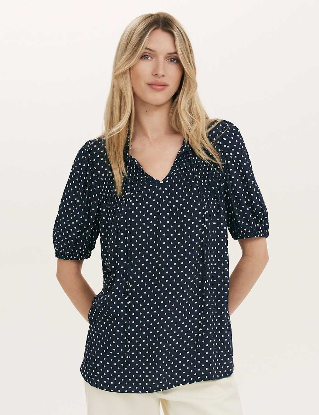 Finery London Women's Polka Dot Puff Sleeve Tie Neck Blouse - 8 - Navy Mix - Available at M&S