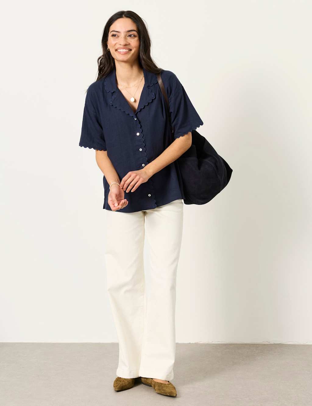 Fatface Women's Linen Rich Scallop Trim Button Through Shirt - 10 - Navy - Available at M&S
