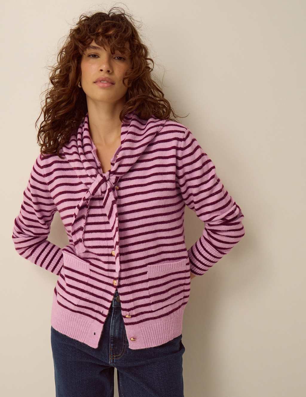 Monsoon Women's Crew Neck Striped Cardigan - Medium - Pink Mix - Available at M&S