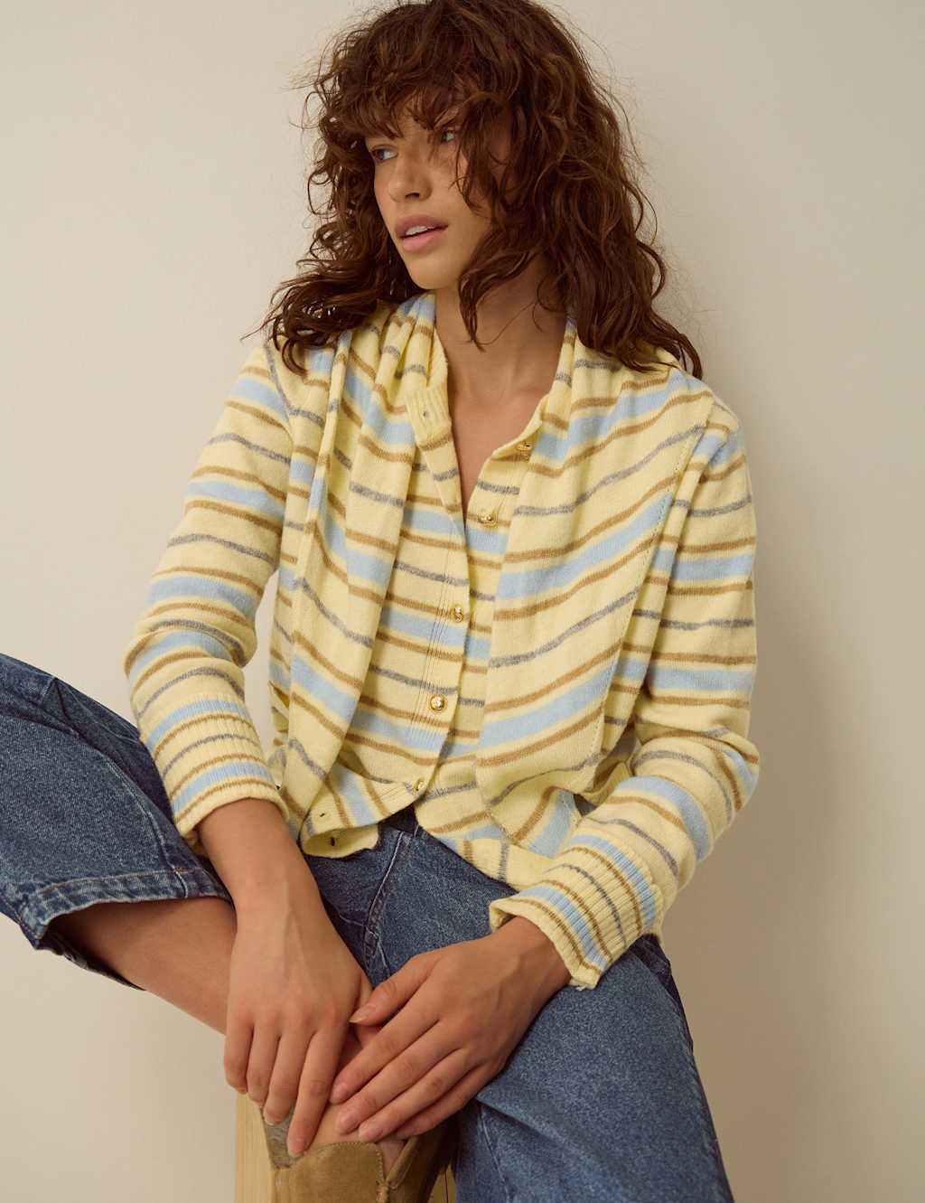 Monsoon Women's Crew Neck Striped Cardigan - Small - Yellow Mix - Available at M&S