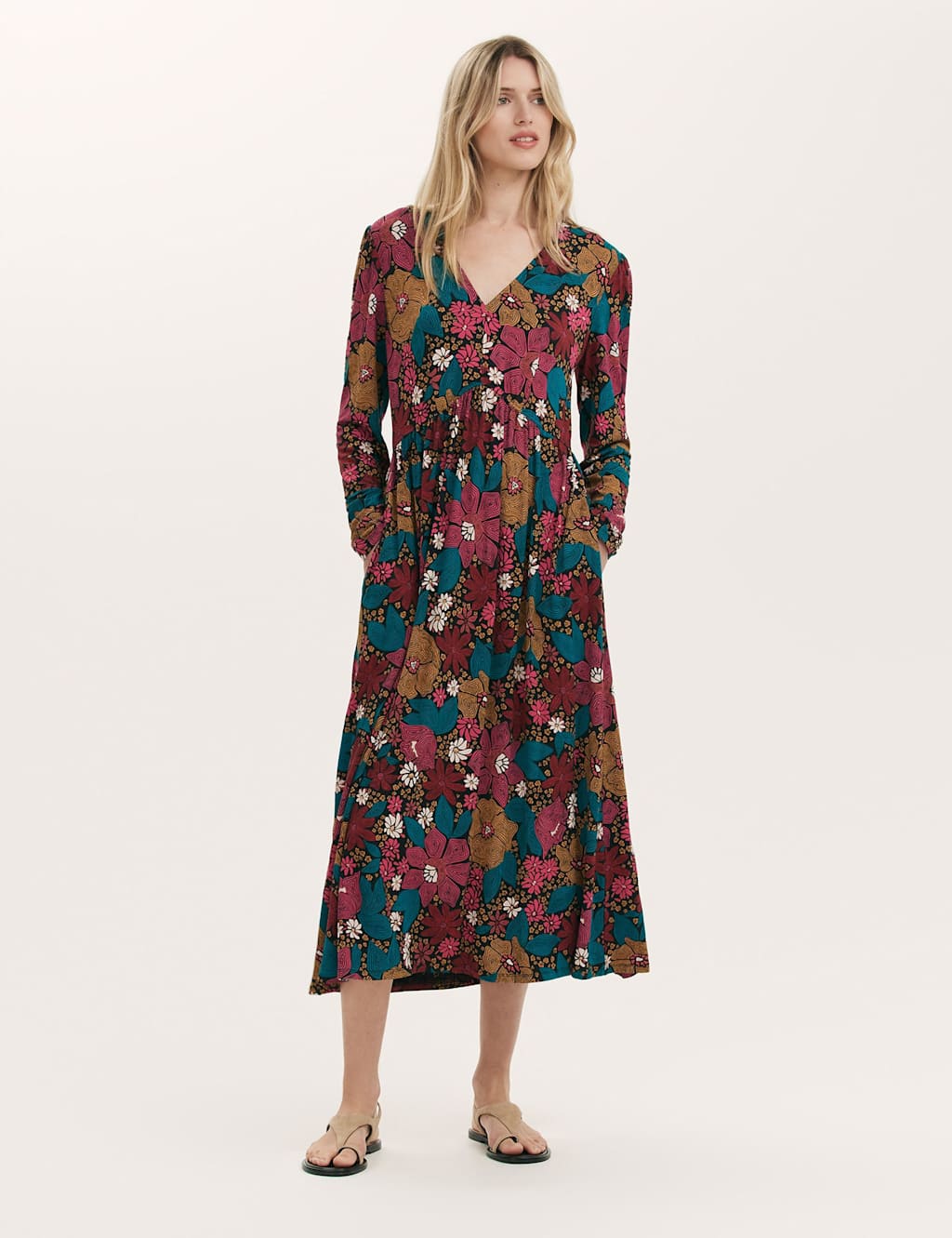 Finery London Jersey Floral Midi Dress Pink Mix