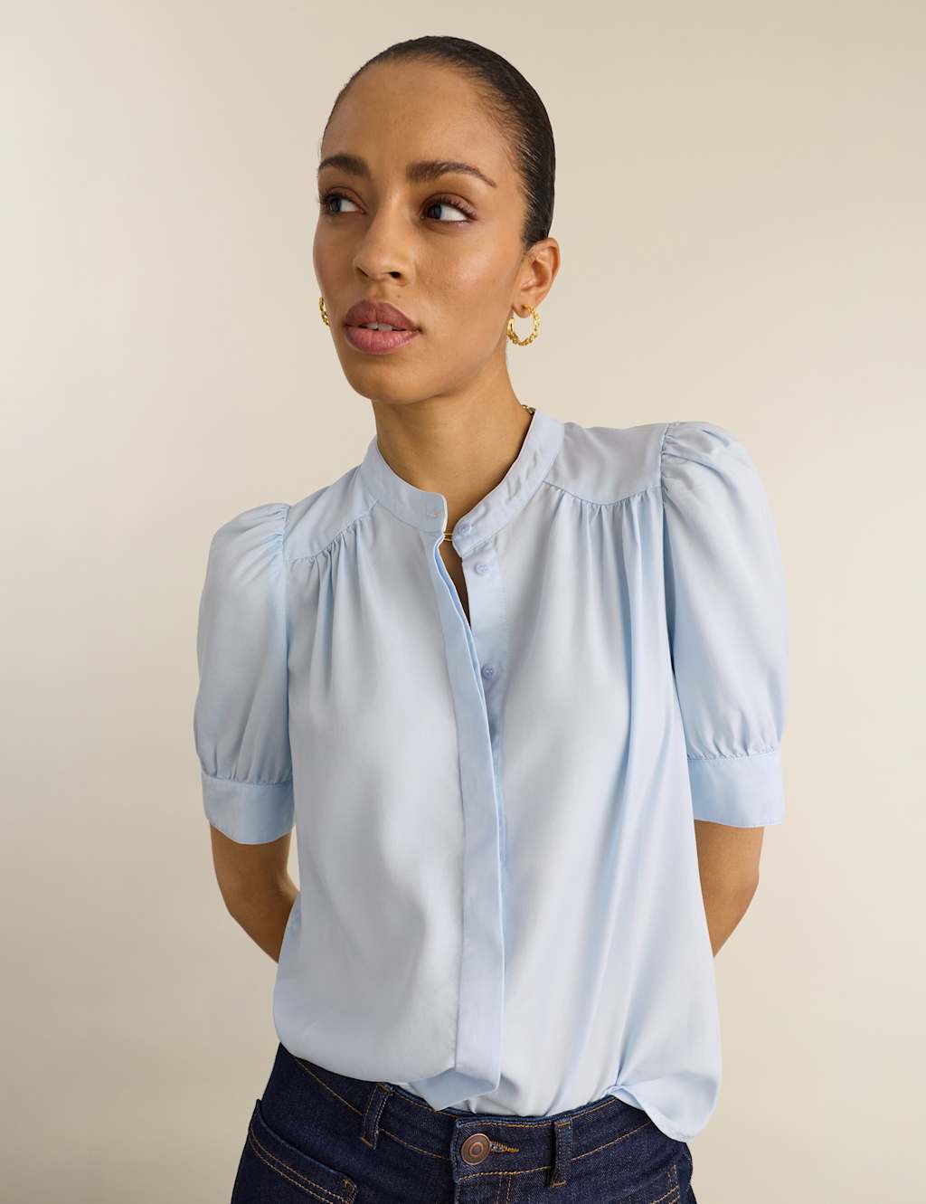 Baukjen Women's Pure Lyocell Stand Collar Blouse - 14 - Blue - Available at M&S