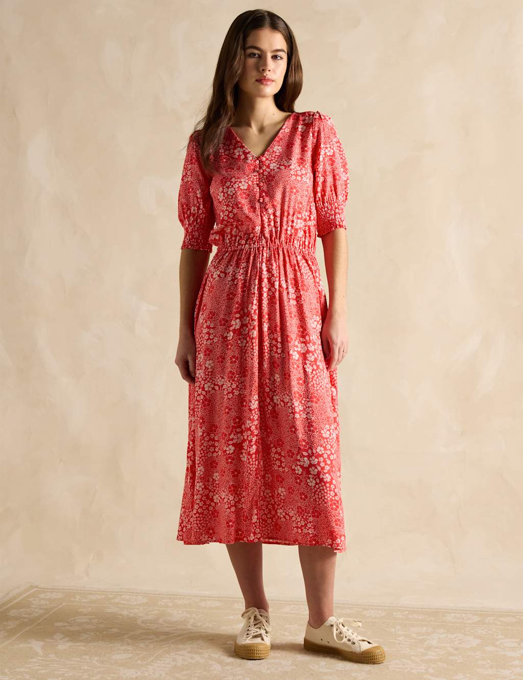 Floral V-Neck Midi Waisted Dress