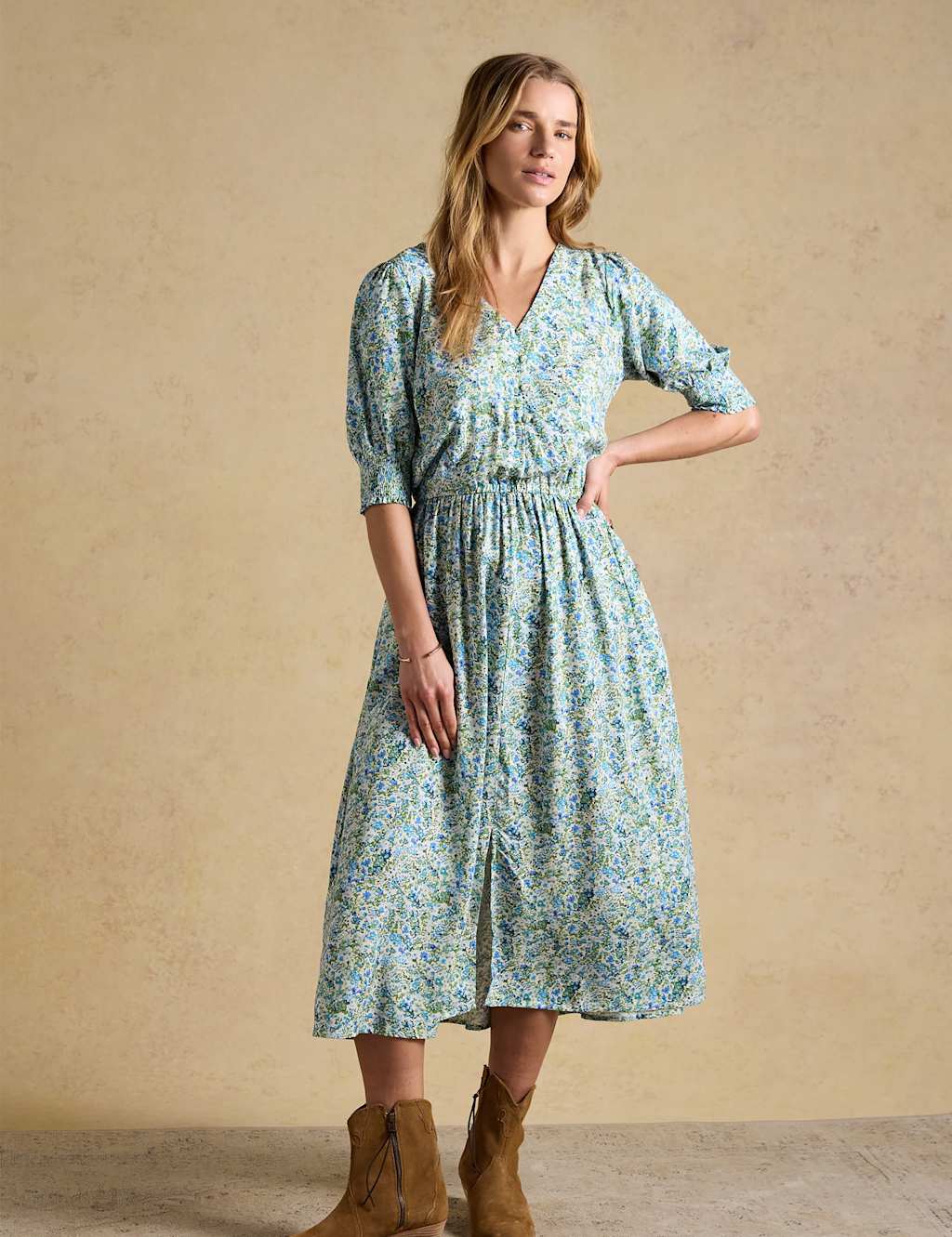Joules Women's Floral V-Neck Midi Waisted Dress - 10 - Green Mix - Available at M&S