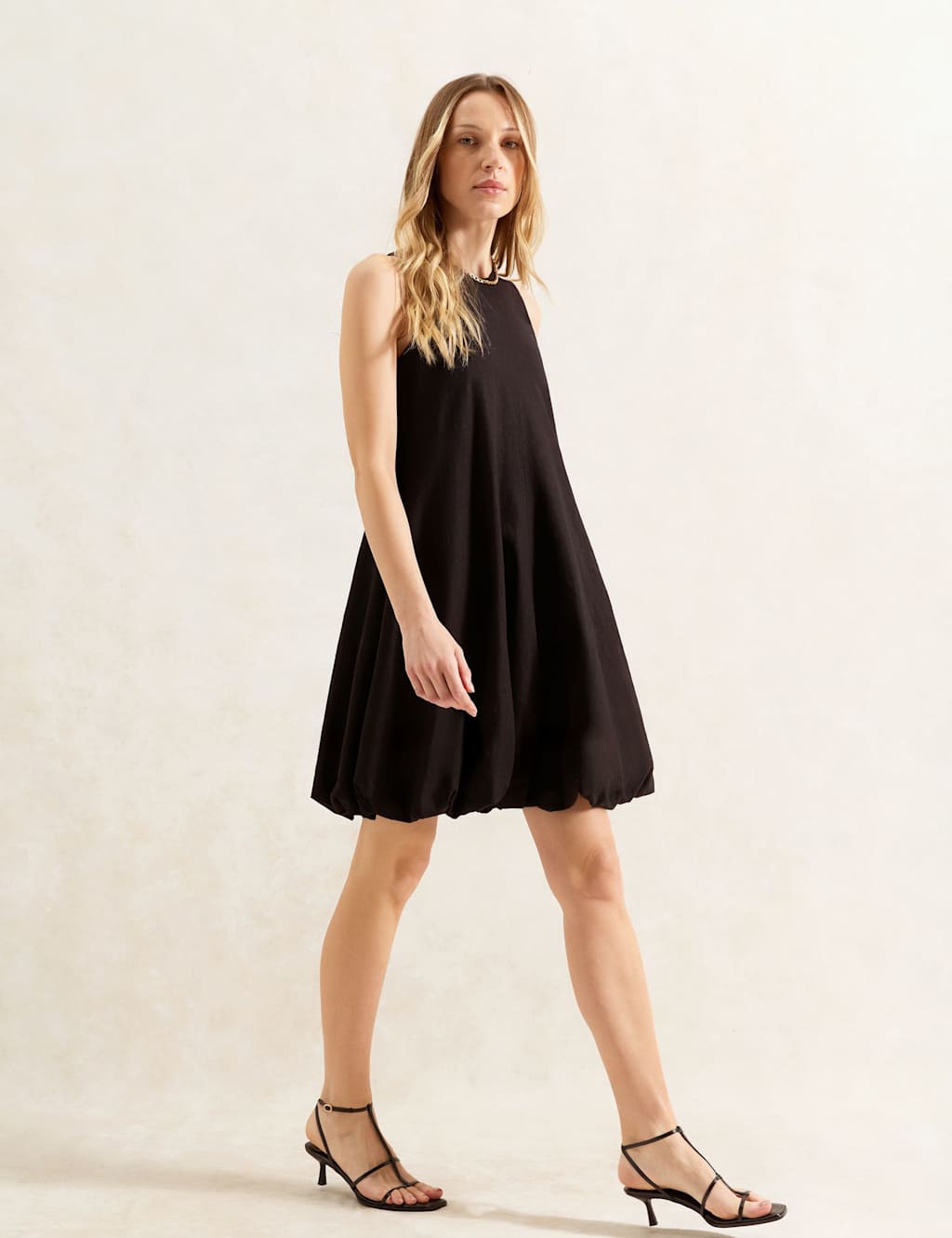 Linen Rich Bubble Hem Mini Shift Dress