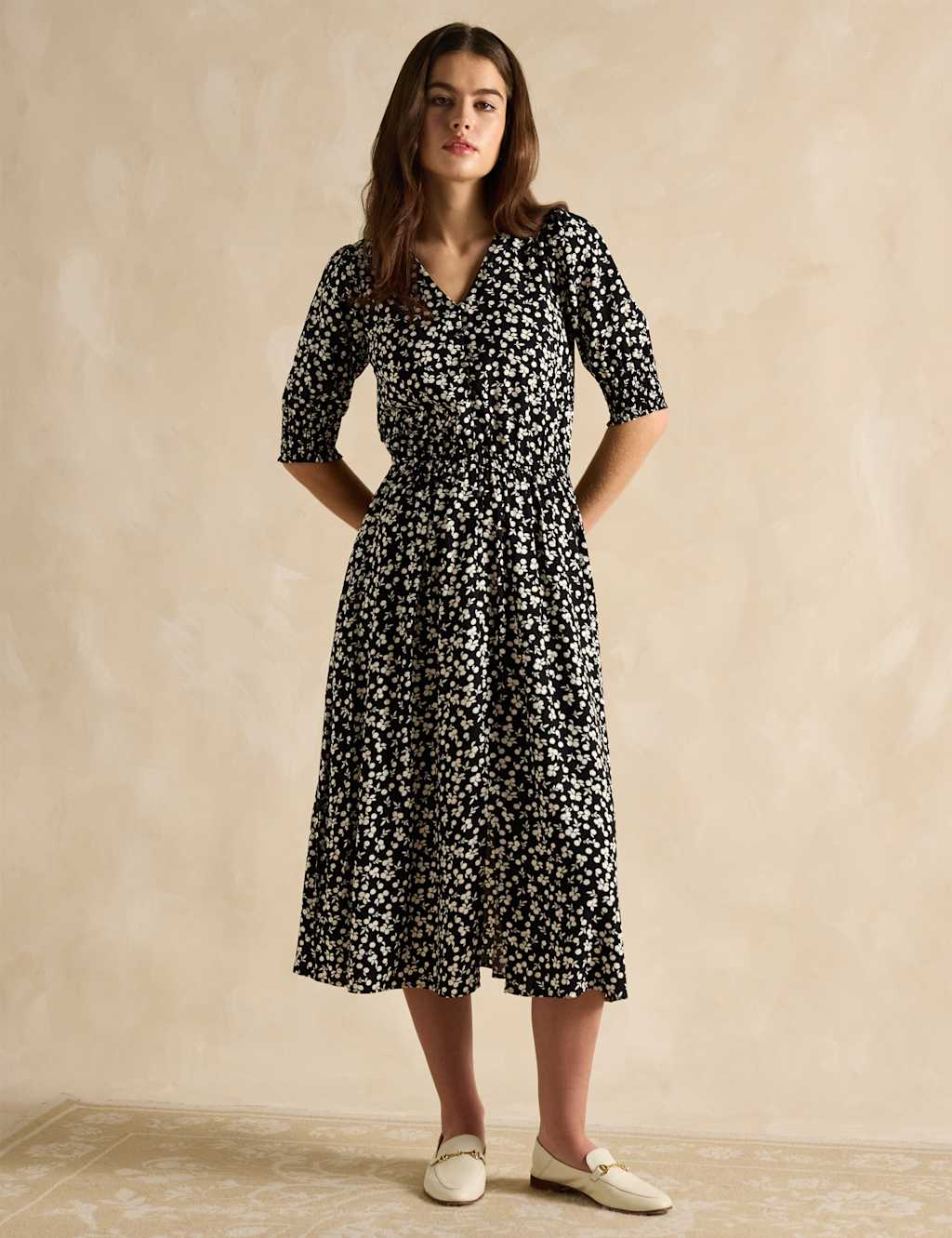 Floral V-Neck Midi Waisted Dress