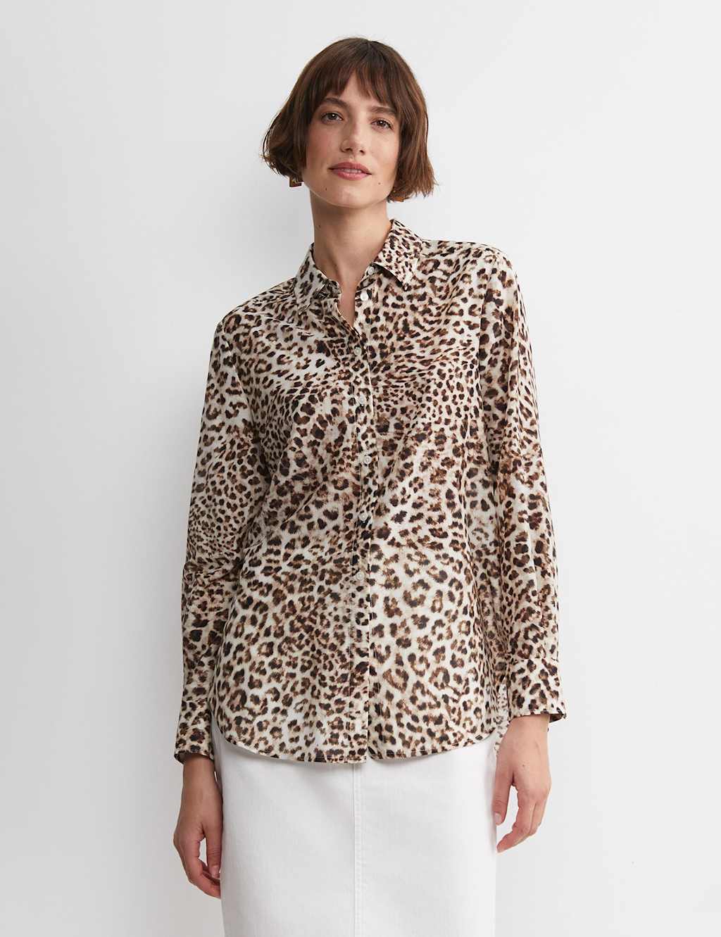 Sportscraft Cotton Rich Animal Print Shirt with Silk Brown Mix
