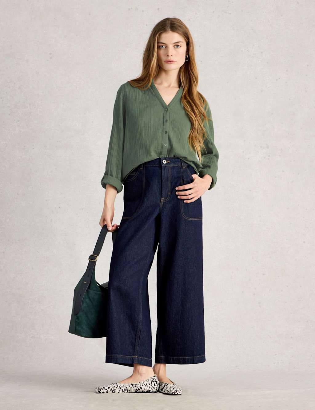 White Stuff Women's Pure Cotton Double Cloth Collared Shirt - 8 - Green - Available at M&S
