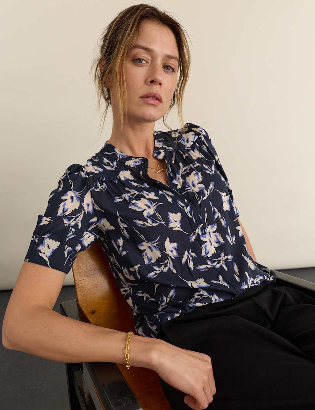 Baukjen Women's Voile Floral Stand Collar Blouse - 16 - Navy - Available at M&S