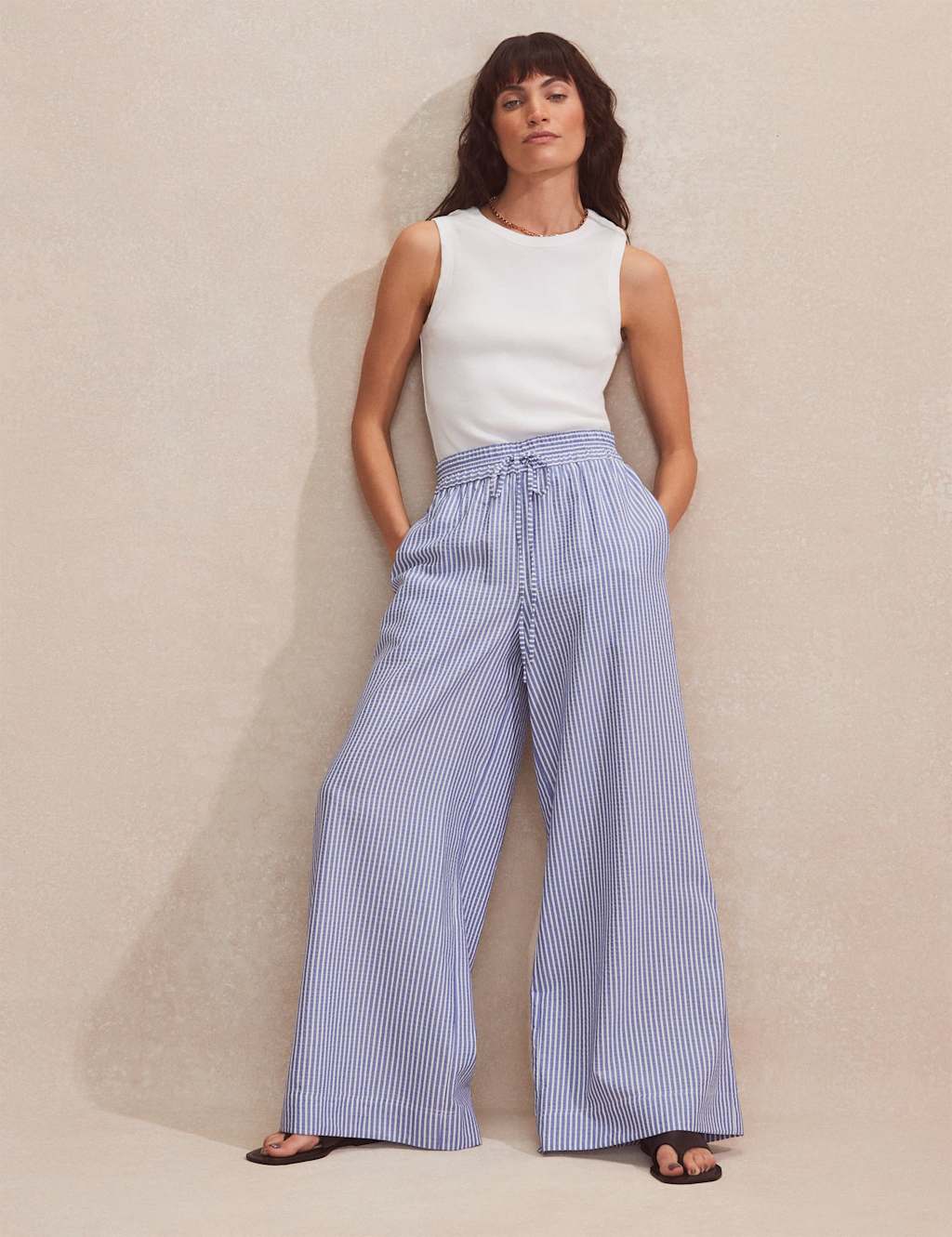 Striped Elasticated Waist Wide Leg Trousers