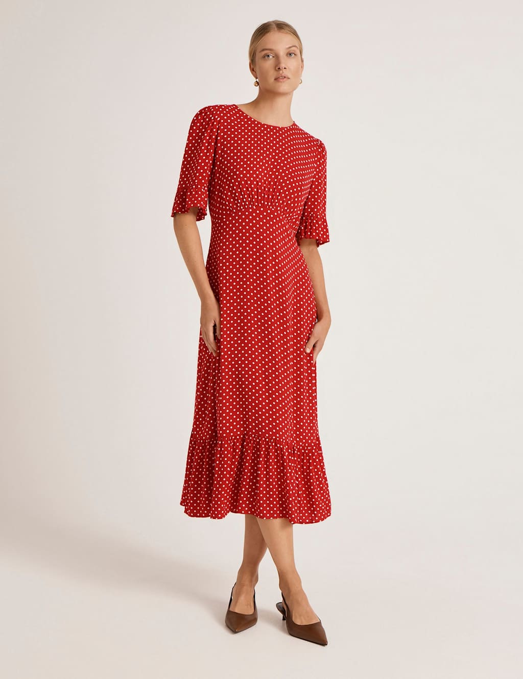 Finery London Women's Polka Dot Round Neck Midi Tea Dress - 16 - Red Mix - Available at M&S