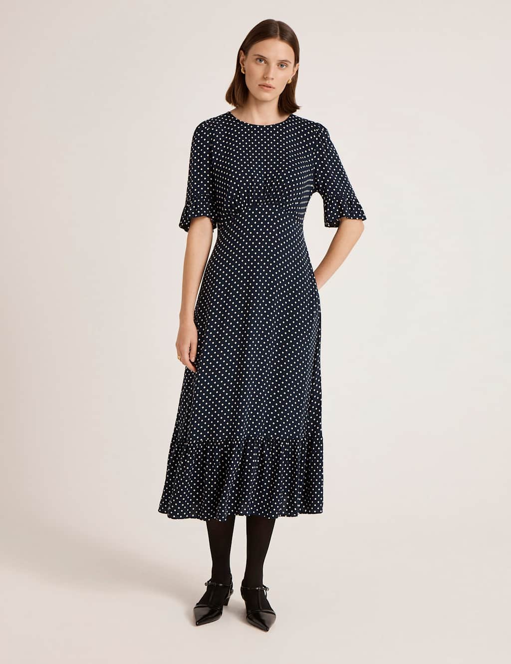 Finery London Women's Polka Dot Round Neck Midi Tea Dress - 8 - Navy Mix - Available at M&S