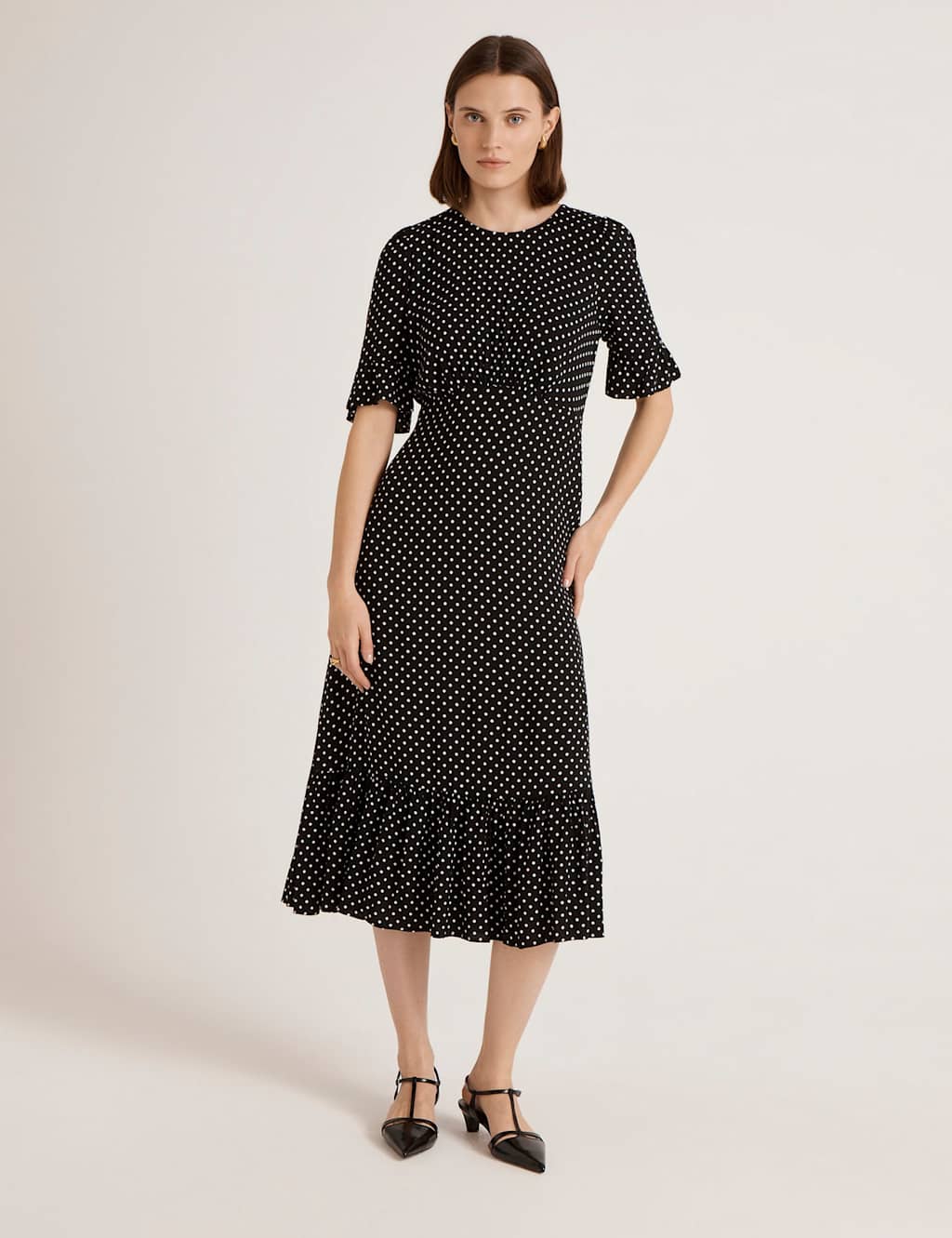 Finery London Women's Polka Dot Round Neck Midi Tea Dress - 10 - Black Mix - Available at M&S