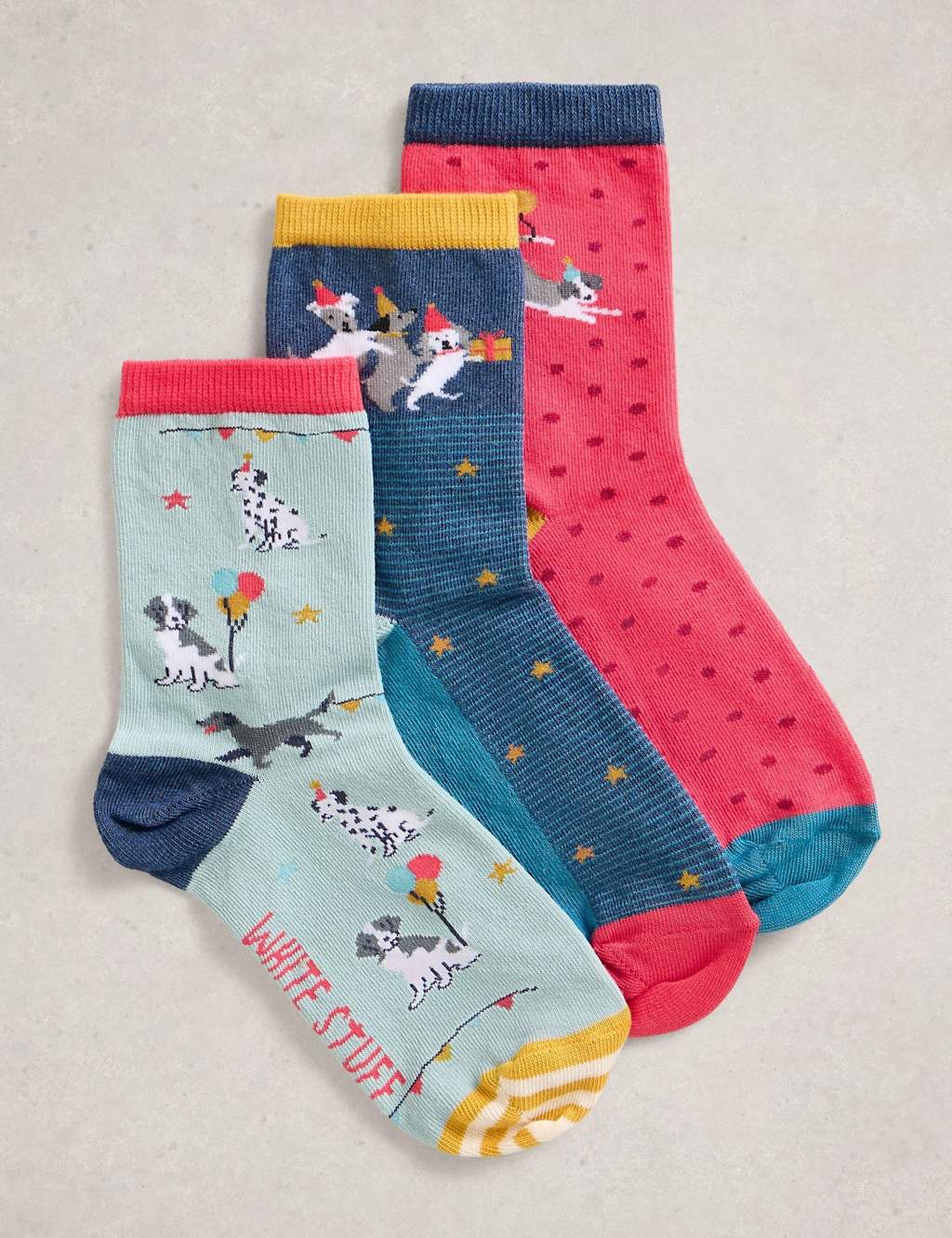 White Stuff 3pk Cotton Rich Party Dogs Ankle High Socks Blue Mix
