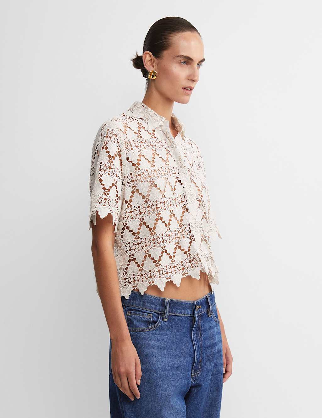 Sportscraft Pure Cotton Lace Collared Cropped Shirt White