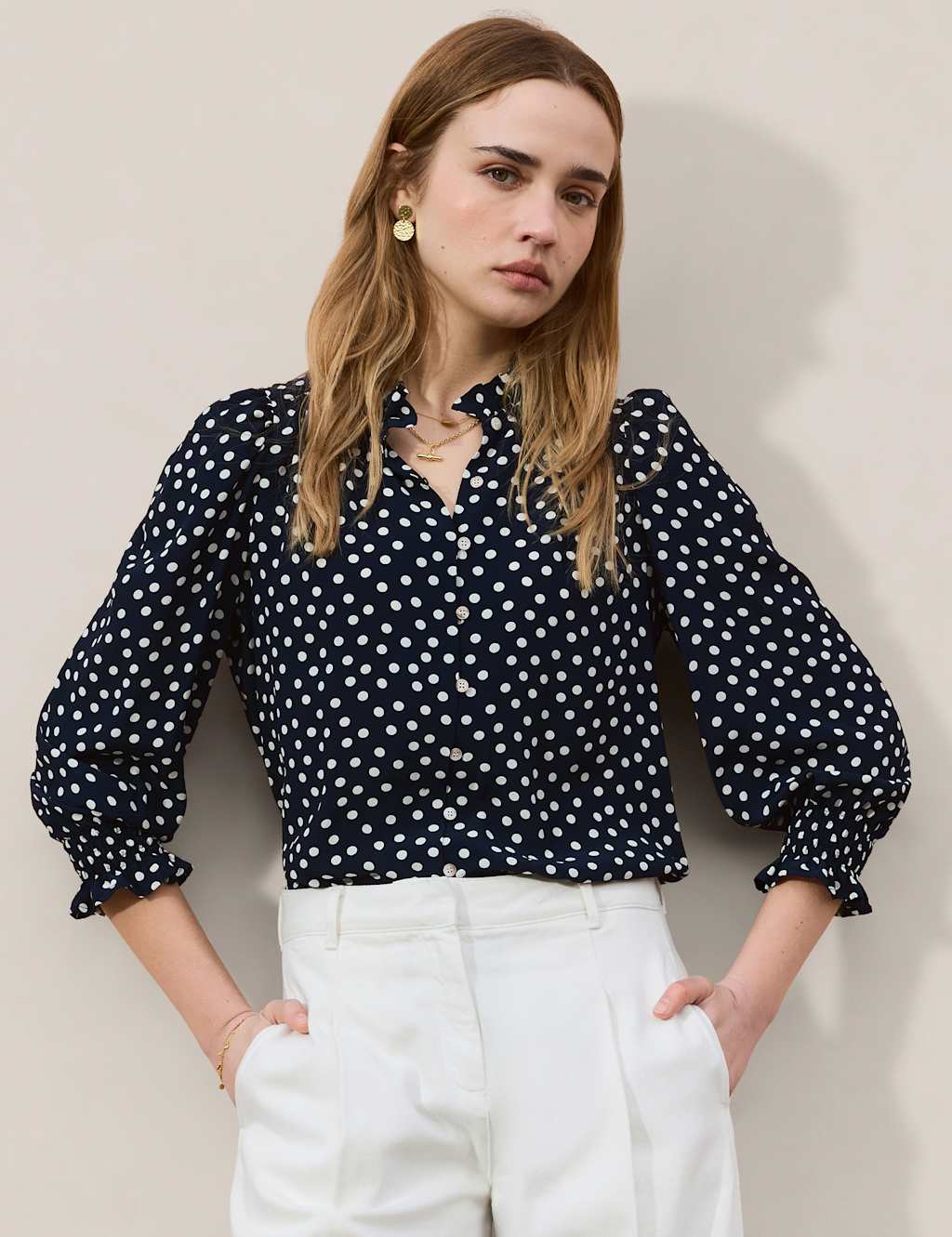 Baukjen Women's Crepe Polka Dot Collared Puff Sleeve Blouse - 14 - Navy Mix - Available at M&S
